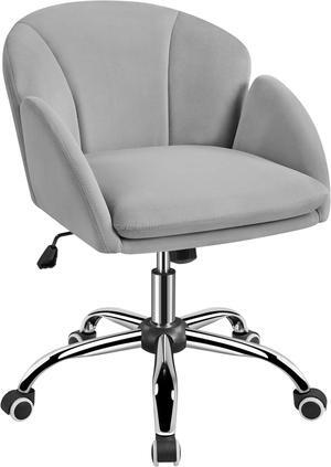 Yaheetech Cute Velvet Desk Chair for Home Office, Makeup Vanity Chair with Armrests for Bedroom Modern Swivel Rolling Chair for Women Light Gray