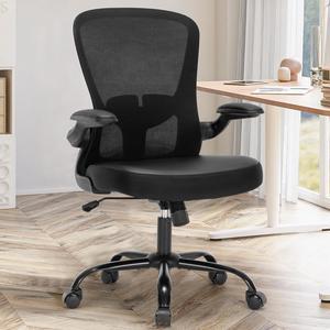 Office Chair, Ergonomic Mesh PU Leather Desk Computer Chair, with Lumbar Support, Adjustable Height, Executive Swivel Rolling with Flip-up Arm, Black