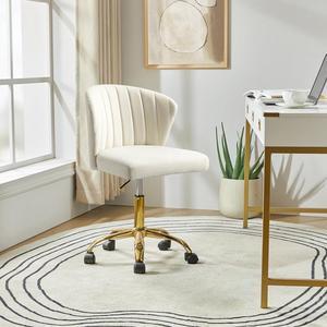HULALA HOME Home Office Desk Chair with Gold Wheels, Small Cute Vanity Chair with Back for Bedroom, Adjustable Rolling Task Work Seat for Women/Girls, Ivory