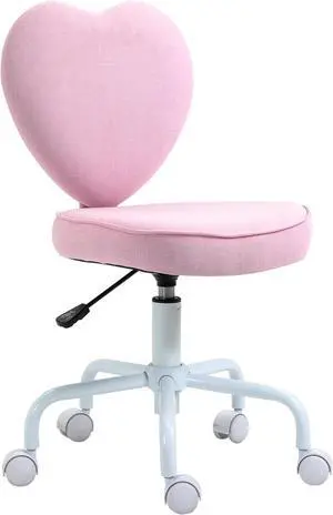 HOMCOM Armless Home Office Desk Chair, Modern Fabric Makeup Vanity Chair with Heart Shape, Swivel Wheels, Height Adjustable, Pink