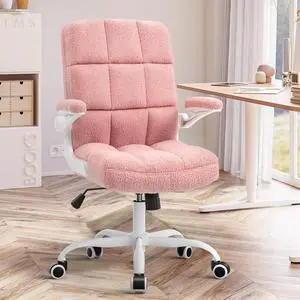 SEATZONE Pink Office Chair Ergonomic Pink Desk Chair with Flip-up Arms, Height Adjustable Rolling Desk Chairs with Wheels, Faux Fur Comfy Office Chairs for Women and Girls, Teddy Fleece Material