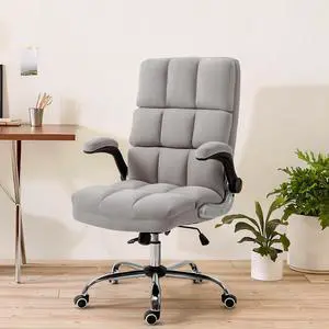 ECOTOUGE Executive Office Chair, Velvet Ergonomic Comfy Desk Chair, High Back Computer Chair with Adjustable Tilt Angle and Flip-up Arms (Grey, Without Footrest)