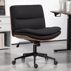 Armless Modern Walnut Office Desk Chair with Wheels, Adjustable Wide Swivel Task Chair, Ergonomic Cross Legged Fabric Chair for Conference Room, Home Office (Black)