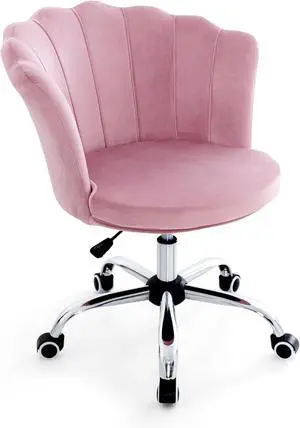 Giantex Velvet Home Office Chair, Modern Cute Shell Back Upholstered Desk Chair with Wheels, Adjustable Swivel Task Chair, Comfy Vanity Chair for Girls Women Bedroom, Pink