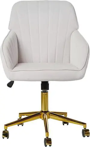 Velvet Home Office Chair with Gold Base Upholstered Tufted Modern Height Adjustable 360 Degree Swivel Desk Chair with Wheels, Vanity Chairs for Living Room, Bedroom,Study Room (Cream)