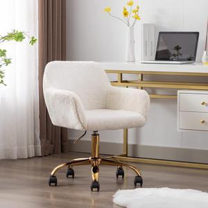 Modern Faux Fur Home Office Chair, Upholstered Elegant Chair Makeup Vanity Chair for Teen Girls Swivel Desk Chair with Gold Base, Height Adjustable Leisure Elegant Office Chair, Ivory