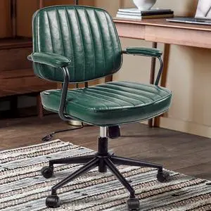 Artswish Mid Century Office Desk Chair - Green Leather Home Office Chair with Wheels and Arms