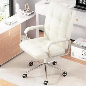 White Office Chair with Soft Leather, Swivel Computer Home Office Desk Chair with Wheels and Padded Arms, Adjustable Height and Tilt