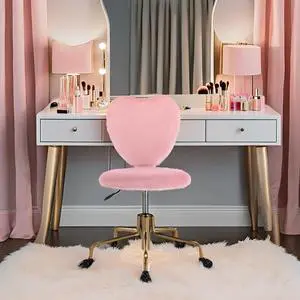 Velvet Cute Heart Pink Desk Chair with Wheels, Comfortable Armless Home Office Desk Chairs with Backrest, Adjustable Height Upholstered Swivel Accent Vanity Chair