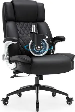 High Back Office Chair with Locking Wheels, Large Executive Desk Chair, Flip Arms Adjustable Lumbar Support, Ergonomic Synthetic Leather Computer Chair Prevents Cats Scratching, Thick Padded, Black