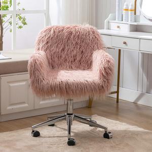 SSLine Faux Fur Vanity Chair Elegant Pink Furry Makeup Desk Chairs for Girls Women Modern Comfy Arm Chair with Wheels in Bedroom Living Room