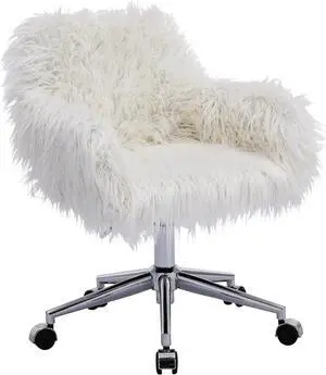 KCC Fluffy Office Desk Chair, Faux Fur Modern Swivel Armchair with Wheels, Soft Comfy Fuzzy Elegant Accent Makeup Vanity Chairs for Women Girls, Home Living Dressing Room Bedroom, White