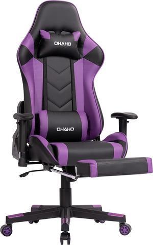 OHAHO Gaming Chair Racing Style Office Chair Adjustable Massage Lumbar Cushion Swivel Rocker Recliner High Back Ergonomic Computer Desk Chair with Retractable Arms and Footrest (Black/Purple)