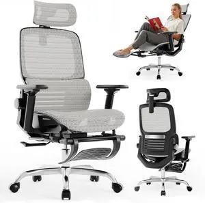 Ergonomic Office Chair, High Back Desk Chairs with Retractable Footrest, Breathable Mesh, Adjustable Headrest, 3D Armrests, Lumbar Support, Tilt Function, Comfy Swivel Computer Gaming Chair