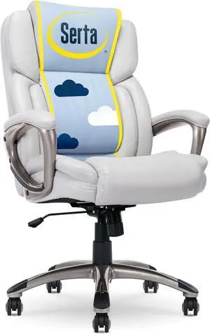 Serta Garret Executive Office Chair, Ergonomic Mid-Back with Lumbar Support, Semi-Plush Cushion and Body Pillows, Padded Armrests, Swivel Base, Bonded Leather, White