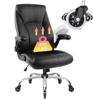 Big and Tall Office Chair 400lbs, Ergonomic High Back Executive Computer Chair for Heavy People, Heavy Duty Desk Chair with Adjustable Flip-up Armrests, Quiet Rubber Wheels&Lumbar Support, PU Leather