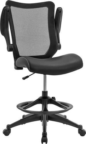 OfficeFactor Drafting Chair Tall Office Chair, 300 lb Capacity Standing Desk Chair, Adjustable & Ergonomic Desk Chair, Flip-Up Armrests, Mesh Back, Comfortable Leather (Black)