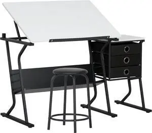 SD Studio Designs 2 Piece Eclipse Ultra Center/Drawing Table with Stool, Angle Adjustable Top, Storage Shelves, and Drawers