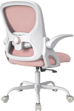 Mesh Office Chair Ergonomic Desk Chair with Up&Down Front&Rear 2 Dimensions Adjustable Lumbar Support and Flip-up Arm Rocking Comfy Swivel Computer Task Chair for Home Office(White-Pink)