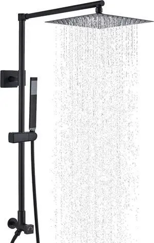Polaris Lux Rain Shower System, includes 10 Square Rainfall Shower Head and Handheld Shower Combo, Height Adjustable Spray Holder, Retrofit, 60 Hose (2.5 GPM Matte Black)
