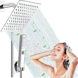 Rain Shower Head with Handheld - High Pressure 6'' Rainfall Stainless Steel, 2 Settings Combo with Holder and 78'' Explosion-Proof Hose (Black)