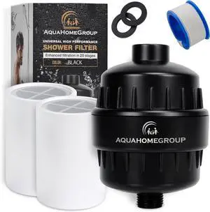 AquaHomeGroup 20 Stage Shower Head Filter with Vitamin C E A for Hard Water - High Output Filter to Remove Chlorine and Fluoride - 2 Replacement Cartridges - Consistent Flow Showerhead Filters