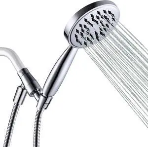 All Metal Hand Held Shower Head with Hose and Holder, Made with Stainless Steel and Brass, High Pressure Handheld Showerhead, Adjustable Bracket, Extra Long Flexible Hose (Polished Chrome)