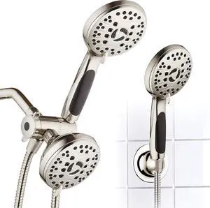 High Pressure 48-mode Luxury 3-way Combo  Dual Rain & Handheld Shower Head  6 Foot Stainless Steel Hose  Anti Slip Grip  All Brushed Nickel Finish  Top US Brand  Extra Wall Bracket