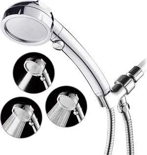 HANLIAN High Pressure Shower Head with Pause Function, 3 Spray Settings Handheld Shower Head with On Off Switch, Watersaving Detachable Showerhead with 5Ft Stainsteel Hose and ABS Bracket (Chrome)