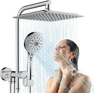 10 Inch Rainfall Shower Head with Handheld Spray Combo, Dual Shower Head with High Pressure, 12 Spray Settings, Brass Casting 3-Way Shower Arm, Adjustable Slide Bar, Holder/Hose, Chrome 10 Inch Rainfall Shower Head with Handheld Spray Combo, Dual Shower Head with High Pressure, 12 Spray Settings, Brass Casting 3-Way Shower Arm, Adjustable Slide Bar, Holder/Hose, Chrome