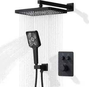 Thermostatic Shower Valve/System 12 inches Black Brass Faucet Set With Diverter/Mixer With Handheld Rain Head High Pressure Modern Rainfall