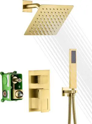 sumerain Rain Shower System Brushed Brass Dual Functions Shower Faucet Complete Set Including 8" Shower Head, Rough-In Valve Body and Trim