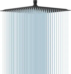 BESy 16 Inch Rain Shower Head, 16" Square Rainfall & High Pressure Stainless Steel Bath Showerhead, 1/16" Ultra Thin, Waterfall Full Body Coverage with Silicone Nozzle, Matte Black Finish