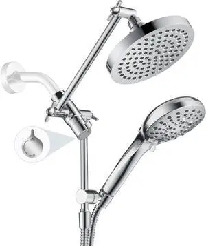 BRIGHT SHOWERS Rain Shower Head with Handheld Spray Built-in Power Wash, High Pressure Dual Shower Head with Height Adjustable Extension Arm, 3-Way Diverter, 9 Settings Handheld, 69 Long Hose, Chrome