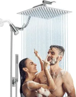 HOPOPRO 10 All Metal Rainfall Shower Head Combo with Handheld Spray, High Pressure Showerhead Combination, Adjustable Dual Showerheads with Extension Arm, Full-Body Coverage Shower Experience, Silver