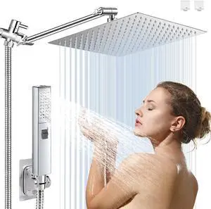 10" High Pressure Square Rainfall Shower Head and 2-in-1 Hand Shower, Equipped with 78"Hose,3 Way Diverter Valve, Adhesive Shower Head Holder (AWAXFOLO Chrome Square Shower Head Set)
