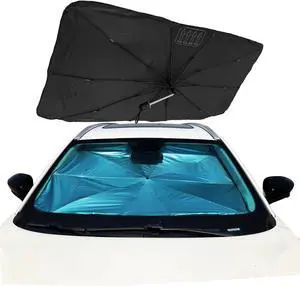 Folding Car Windshield Sun Shade Umbrella - Easy to Use, UV Blocking, Reflective Heat Insulation, Fits Sedans & Compacts, Multi-Layer Fabric, Anti-Scratch Sleeves, Adjustable Rod(55 * 31 inch)
