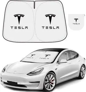 300T Sunshade for Tesla Model Y Model 3, Car Accessories 2025 for Tesla, Front Window Sunshade with Organizer Bag, Gifts for Tesla Owners (Black)