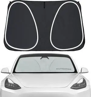 Windshield Sunshade 2016-2024 Upgraded for Tesla Model 3 Model Y Front Car Window Sun Shade Cover, AUTOATOZ Foldable Sun Visor Protector Blocking UV Rays Heat, Panda Eyes Design for Tesla Accessories