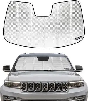 B Pigenius Windshield Sun Shade for Jeep Grand Cherokee 2022-2025. Reflective Aluminum Film Front Window Sunshade - BLAZBLOCK