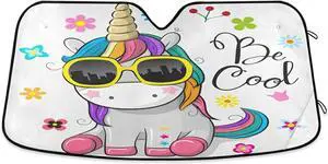 Car Windshield Sunshade Cool Cartoon Licorne Flower Auto Front Windshield Sun Shade for SUV Truck Blocks UV Rays Foldable Sun Visor Protector 55x27.6 Inch