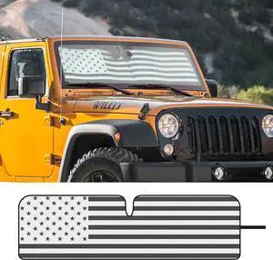 Jimen Compatible with 1997-2018 Jeep Wrangler TJ JK JKU, American USA Flag Auto Windshield Sunshade Window Sun Visor