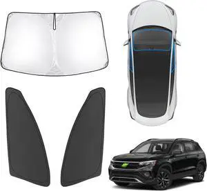 Karltys 3PCS Windshield Sun Shade for 2022-2025 Volkswagen VW Taos, Front and Side Window Sunshade Cover Custom Fit VW Taos, Foldable Sun Visor Blocker Protect Your Car from Heat UV Rays Damage