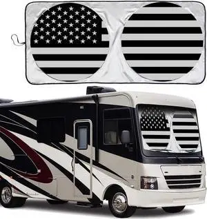 KOOUFE School Bus Windshield Sunshade, 240T UV Blocking Keeps RV Motorhome Cool, American Flag Patterned, Fits Most Vehicles, 51" x 102" (Bus XXL)