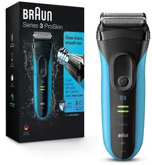 Braun Electric Series 3 Razor with Precision Trimmer, Rechargeable, Wet & Dry Foil Shaver for Men, Blue/Black, 4 Piece