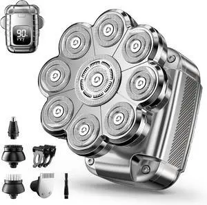 9D Head Shavers for Bald Men, 5 in 1 Detachable Head Shaver with LED Display, IPX7 Waterproof Wet Dry Rechargeable Electric Shavers for Men Grooming Kit for Home & Travel