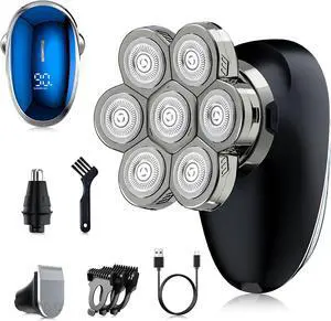 7D Waterproof Electric Shaver Kit - Cordless Wet/Dry Head Shaver for Bald Men With LED Display and Nose Trimmer