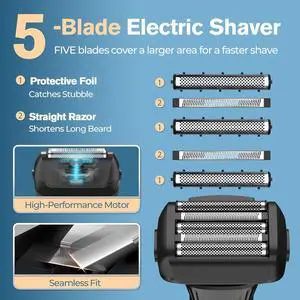 5-Blade Cordless Electric Razor for Men, 2-Speed Electric Shavers for Men Face, Close Shaving Mens Foil Shaver for Coarse Hair USB-C Fast Charging &100 Min Runtime - Travel-Ready & Giftable (Black)