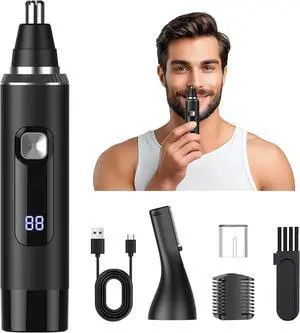 LED Display Ear and Nose Hair Trimmer Clipper for Men Women,2025 Rechargeable 2 in 1 Professional Painless Eyebrow & Facial Hair Trimmer with Powerful Motor and Dual-Edge Blades Easy Cleansing