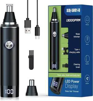 Ear and Nose Hair Trimmer for Men and Women with LED Display,USB Rechargeable Facial Hair Remover with Powerful Motor and Dual-Edge Blades,Painless, Easy Cleansing 14500 RPM (Black)